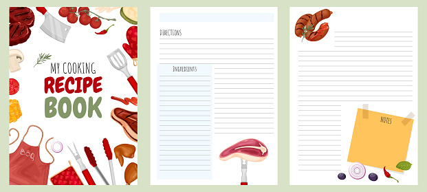 Cookbook template for grilled meat and bbq. Recipe book with blank pages.