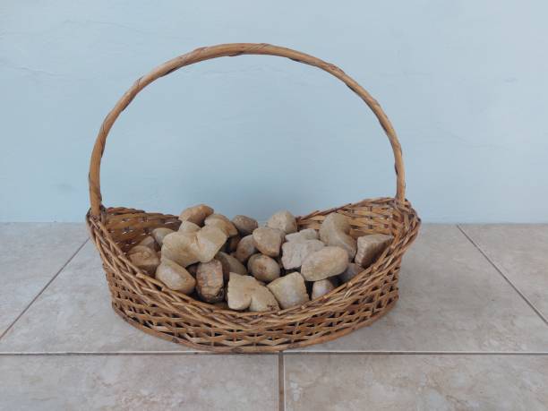 Basket with potato on the floor, top view. Natural background.