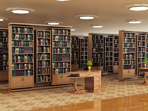 Library interior with bookshelves full of books.