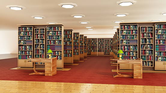 Library interior with bookshelves full of books.