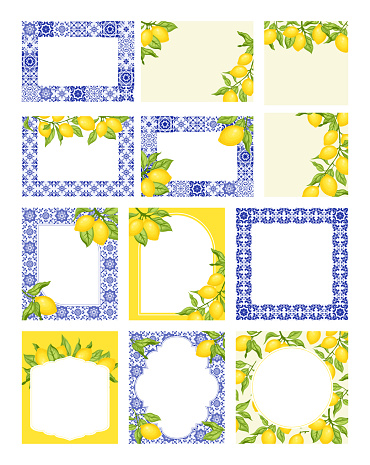 Collection of frames with blue and white tiles and lemon branches with green leaves. Traditional mediterranean style, floral frames, invitation, party, wedding road signs. Vector illustration.