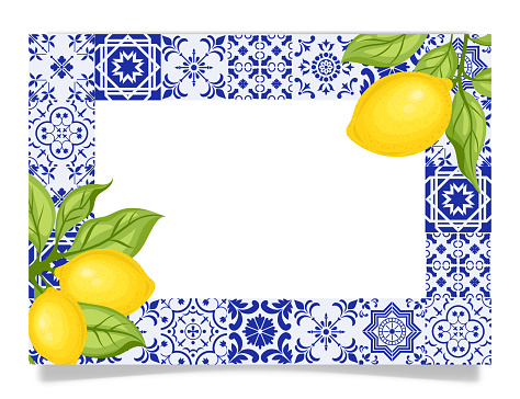 Frame with blue and white tiles and lemon branches with green leaves. Traditional mediterranean style, floral frames, invitation, party, wedding road signs. Vector illustration.