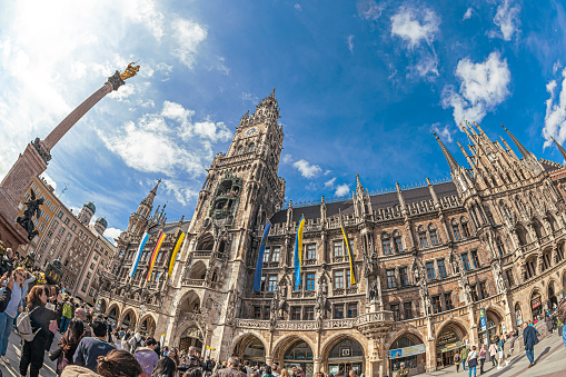 Munich, Bavaria: The New Town Hall (German: Neues Rathaus) located in Marienplatz. It hosts the city government including the city council. Mary's Column (erected in 1638) is here.