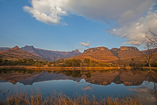 Early morning reflections of the Amphitheatre formation in a calm Drakensberg lake in Royal Natal National Park. KwaZulu-Natal. South Africa