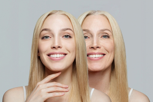 Two women. Blonde women young and old. Smiling woman with fresh clear skin and happy senior lady with wrinkle