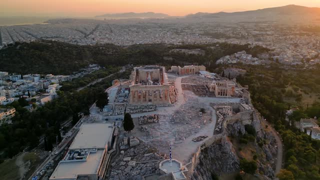 Aerial sunset view of the Parthenon Temple at the Acropolis of Athens