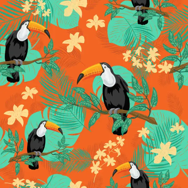 Vector illustration of Toucans And Tropical Leaves Seamless Pattern
