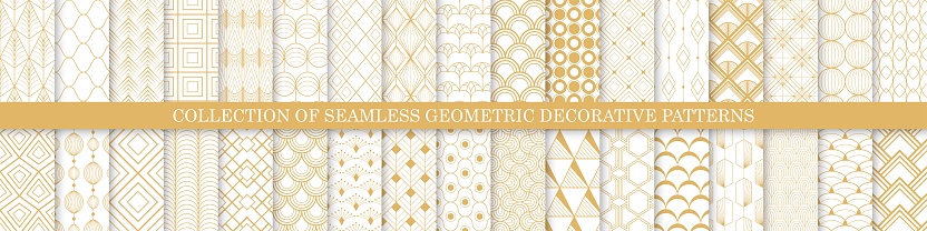 Collection of seamless decorative luxury geometric patterns - gold design. Repeatable ornamental elegant backgrounds. Symmetry endless fabric prints.