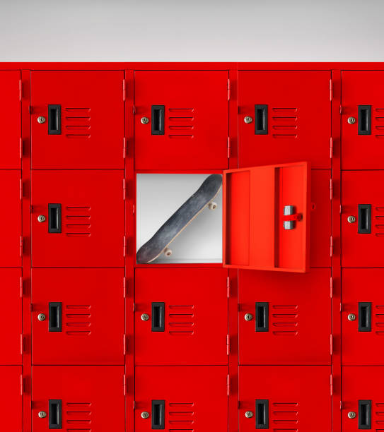 istock Skateboard in red locker inside gym 1496911964