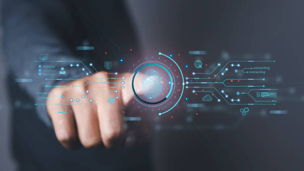 istock Businessman scan fingerprint biometric identity and approval. 1496912563