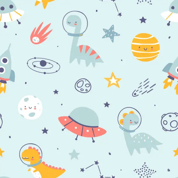 Vector illustration of Cute space pattern with dino astronauts. Seamless blue vector cosmic print with dinosaurs for baby boys.