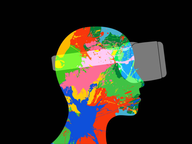 ilustraciones, imágenes clip art, dibujos animados e iconos de stock de perfil de la cabeza con auriculares de realidad virtual - oil painting audio