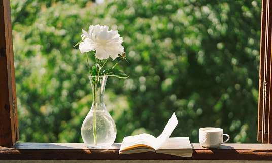 Book, cup coffee and white peonies on a wooden window. Romantic concept. Vintage style