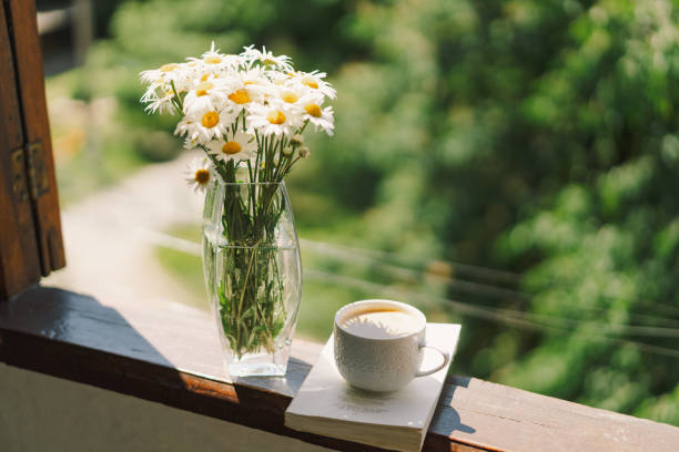 istock Book, cup coffee and white chamomile on a wooden window 1496913406