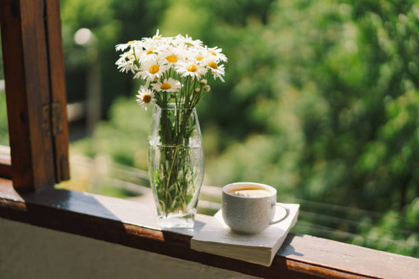 istock Book, cup coffee and white chamomile on a wooden window 1496913411