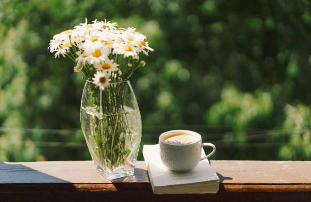 istock Book, cup coffee and white chamomile on a wooden window 1496913412
