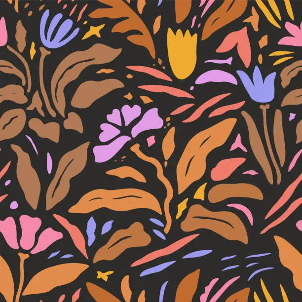 Vector illustration of Hand-drawn abstract floral seamless pattern. A collection with colorful tropical leaves on a black background. Includes elements of doodles.