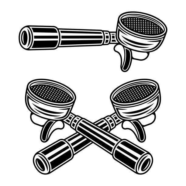 illustrazioni stock, clip art, cartoni animati e icone di tendenza di portafilter macchina da caffè espresso parte illustrazione vettoriale in stile monocromatico vintage isolato su sfondo bianco - pressa per caffè espresso