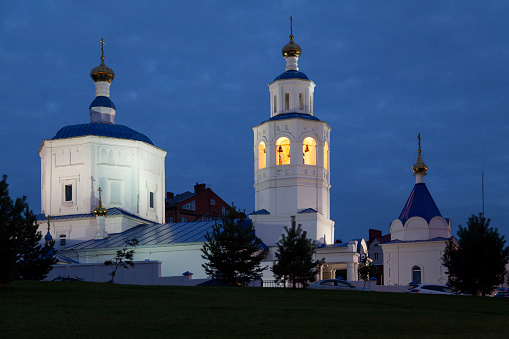 Night view of the Pyatnitskaia church located near the Palace of agriculture in Kazan.