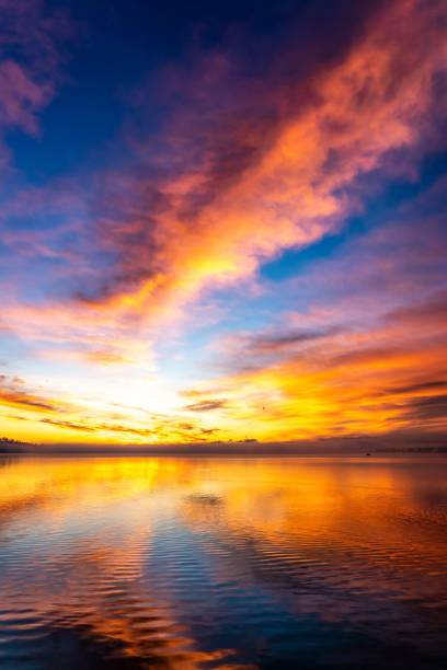istock colorful sunset in the sky above water with reflection on it 1496914682