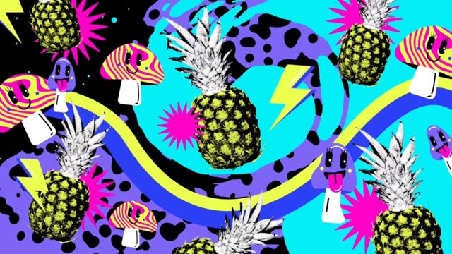 Animated pineapples and mushrooms moving for summer