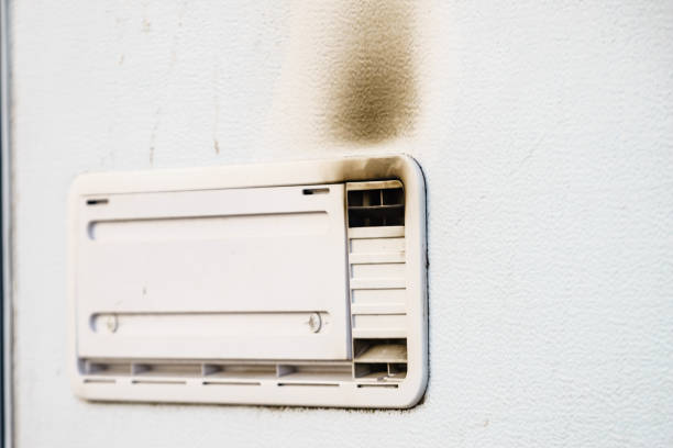 istock Camper car detail. Grid, ventilation plate for fridge with smoke 1496919807