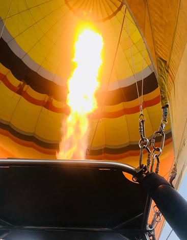 Close-up, yellow hot air balloon, flame in the sky in Cappadocia, Turkey