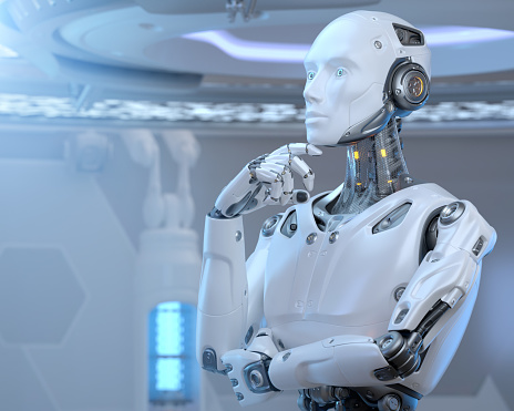 Robot standing in Sci-Fi interior. 3D illustrration