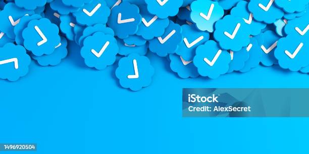 Blue Checkmarks On Blue Background Stock Photo - Download Image Now - Verification, Brand Name Online Messaging Platform, Check Mark