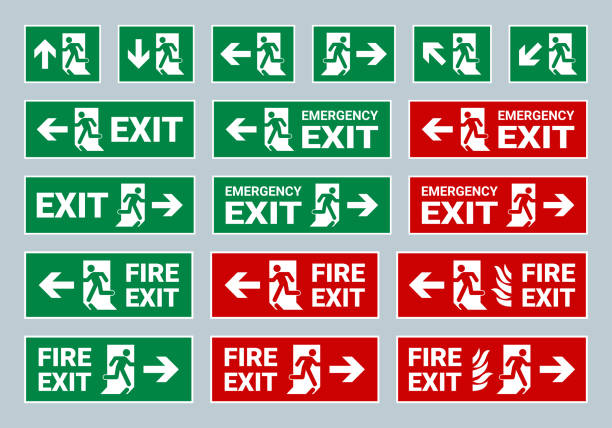 illustrazioni stock, clip art, cartoni animati e icone di tendenza di illustrazione vettoriale della raccolta di segni di uscita - fire exit sign