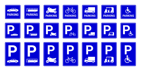 This comprehensive collection features a variety of parking signs designed to facilitate organized parking in different settings. Included in this collection are Car Parking Signs, Bus Parking Signs, Motorcycle Parking Signs, Bicycle Parking Signs, Truck Parking Signs, Three Wheeler Parking Signs, and Handicap Parking Signs. Each sign is meticulously crafted with clear and recognizable symbols and text, ensuring ease of understanding for drivers and pedestrians. With their scalable vector format, these illustrations can be easily customized and adjusted to fit various parking areas such as parking lots, garages, streets, and public spaces. Enhance parking management and provide clear guidance with this versatile collection of parking signs.