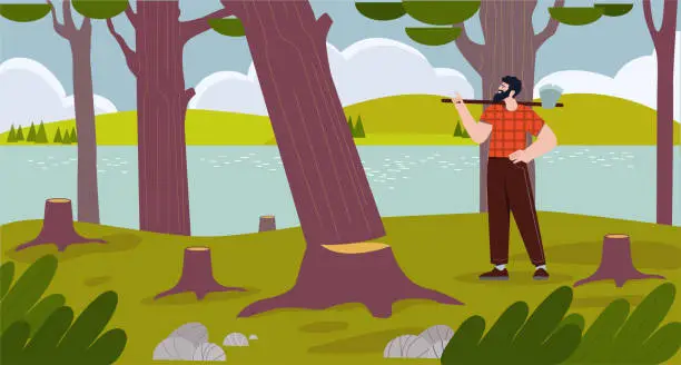 Vector illustration of Lumberjack with axe in forest concept
