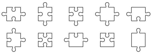 퍼즐 부품 매칭, 퍼즐 조각은 라인 아이콘 세트에 맞습니다. 비즈니스 전략, 팀워크, 브레인스토밍 개요 서명. 완전한 게임 솔루션 선형 픽토그램. 편집 가능한 획. 격리된 벡터 그림 - solution jigsaw piece jigsaw puzzle problems stock illustrations