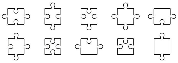 Jigsaw Parts Matching, Puzzle Pieces Fit Line Icon Set. Business Strategy, Teamwork, Brainstorming Outline Sign. Complete Game Solution Linear Pictogram. Editable Stroke. Isolated Vector Illustration.