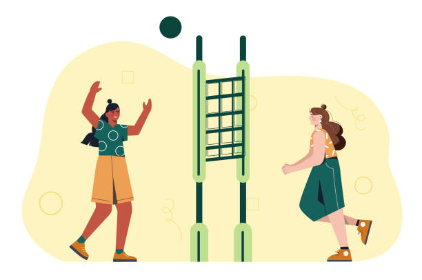 People play volleyball outdoor concept People play volleyball outdoor concept. Women kick ball over net. Team sport and active lifestyle, fitness, competitive game. Athletes in tournament or competition. Cartoon flat vector illustration evolution volleyball stock illustrations
