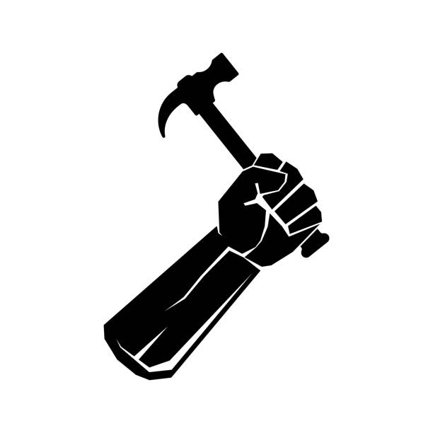 illustrazioni stock, clip art, cartoni animati e icone di tendenza di martello che tiene la mano. pugno con martello. mano con martello. - hammer isolated human arm holding
