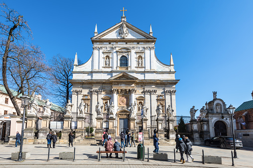 Krakow, Poland - March 11, 2022: View to St. Peter and St. Pauls Church facade in a spring day in Krakow, Poland.