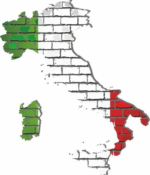 Vector illustration of Shiny map of the Italy on a brick wall