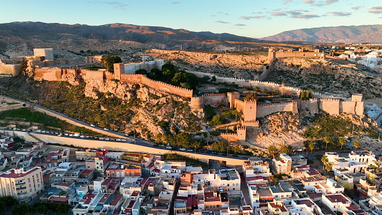 4k Aerial footage Muslim and Christian fortress in Almeria - Alcazaba at sunset. Costa blanca, Andalusia, Spain