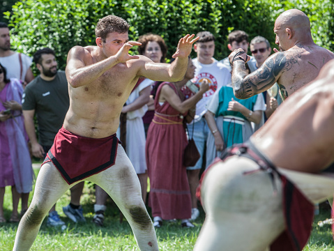 Merida, Spain - June 3th, 2023: Harpastum match re-enactment, ancient roman football. Emerita Ludica Festival, Merida, Spain