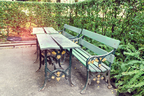 Close-up: Lime green wood bench and table.