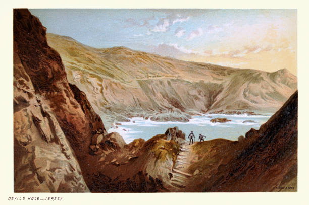 ilustrações de stock, clip art, desenhos animados e ícones de devil's hole, jersey, victorian landscape art 19th century - jersey uk nature landscape