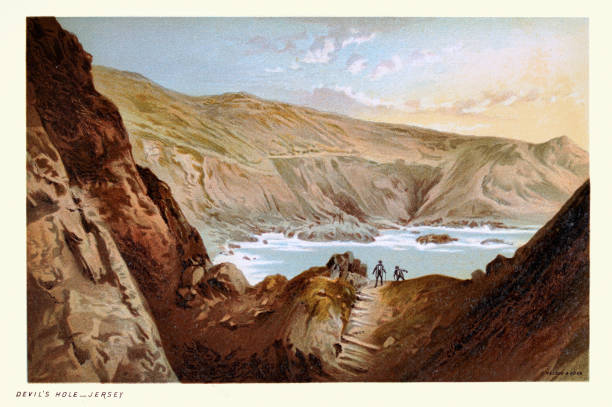Devil's Hole, Jersey, Victorian landscape art 19th Century vector art illustration
