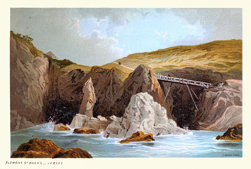 Vintage illustration of Plémont, St Ouen's, Jersey, Rocky coastline, footbridge, Victorian landscape art 19th Century
