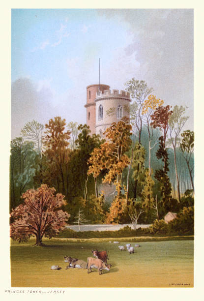 Prince's Tower, La Tour d’Auvergne, Jersey, Neo-Gothic architecture, Victorian landscape art 19th Century Vintage illustration of Prince's Tower, La Tour d’Auvergne, Victorian landscape art 19th Century, demolished in the early 20th Century british beef cow stock illustrations