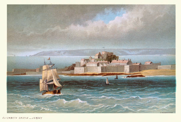 istock Sailing ship passing, Elizabeth Castle on a tidal island, Jersey, Victorian Seascape art 19th Century 1496934063