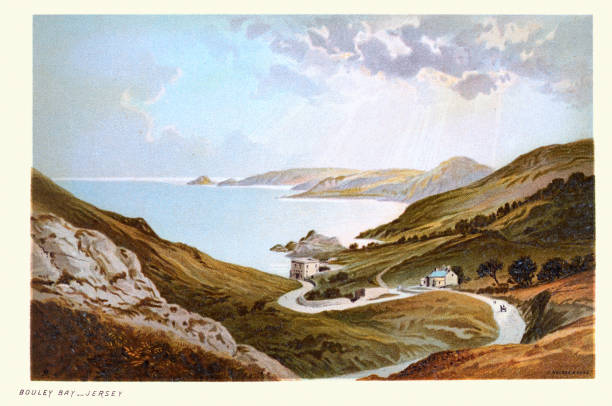 Vintage illustration of Bouley Bay, Jersey, Coastline, Victorian landscape art 19th Century