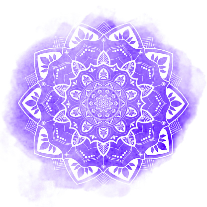 Mandala on Purple Watercolor Background. Diwali Festival.