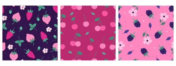 Vector illustration of Set of seamless patterns with strawberries, cherries and blackberries. Vector graphics.