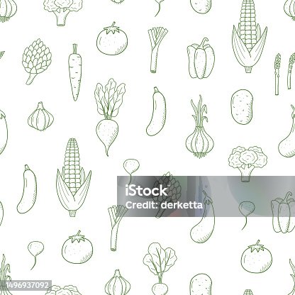 istock Seamless Pattern of drawing vegetables in doodle style. A set of vector illustrations of the harvest corn potatoes carrots radishes beets garlic onions tomatoes, etc. 1496937092